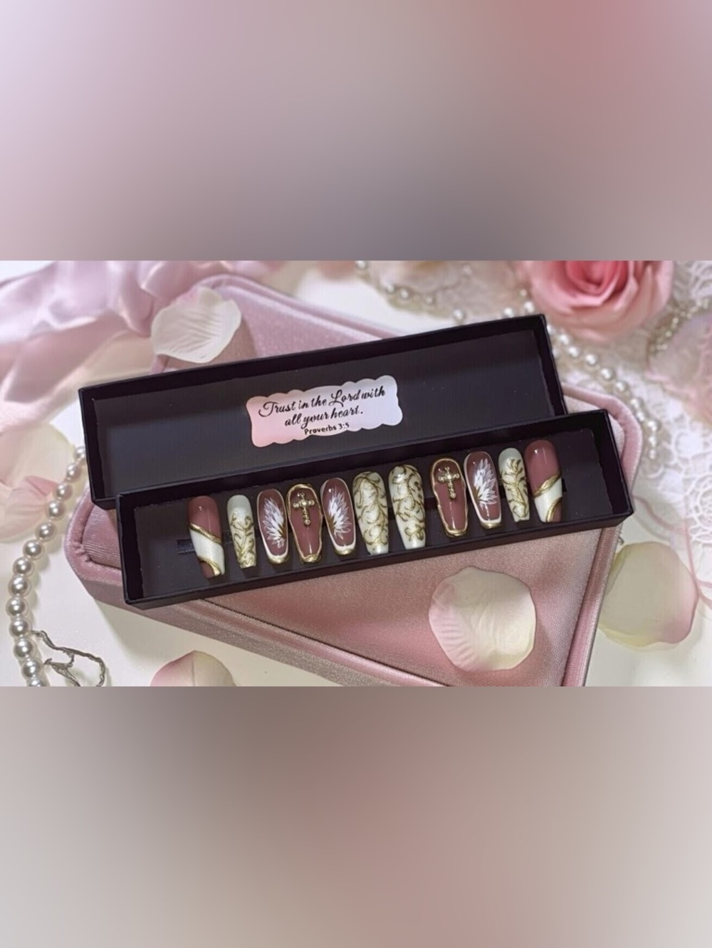 Gold Chrome Christian Religious Angel Jesus Cross Coffin Ballerina Press On Nail